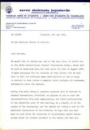 Letter by the Yugoslavian Student Union