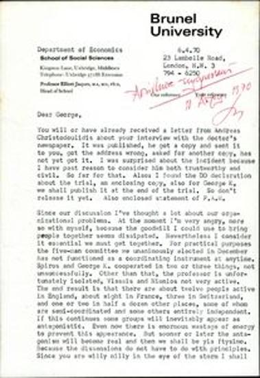 Letters from G. Krimpas to G. Mylonas on organisational matters and texts by the former on the case of the Greek political prisoners and the Junta's economic transactions with foreign countries