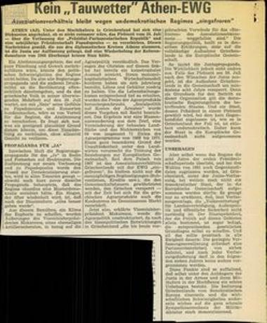 Απόκομμα αυστριακής εφημ. του Σ.Κ. Αυστρίας με άρθρο για τις πολιτικές εξελίξεις στην Ελλάδα και το επικείμενο δημοψήφισμα του Ιουλίου 1973