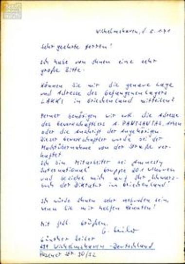 Letter from Günther Seicer to Stratis Someritis