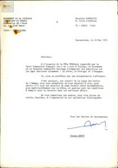 Correspondence between S. Someritis and the French Communist Youth (JC)