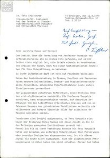 Article and letter by Otto Triffterer about Georgios Magkakis dated 11/9/1969