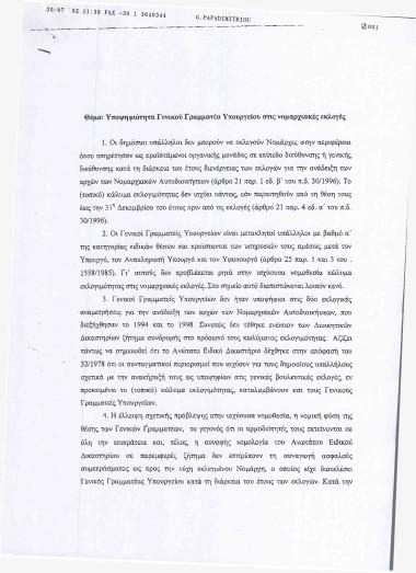 Υποψηφιότητα Γενικού Γραμματέα Υπουργείου στις νομαρχιακές εκλογές