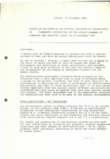 Speech to be given by mr. Simitis, Minister of Agriculture, to community journalists at the Athens Chambre of Commerce and Industry (EBEA) on 22 November 1982