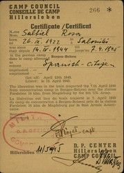 Certificate of Rosa Saltiel, born 26/ix/1922 in Salonika, dated 11/5/1945, Bergen Belsen.