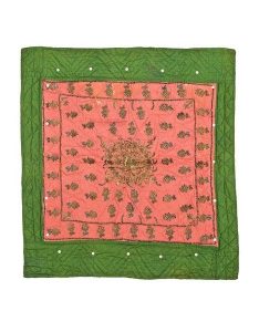 For child, pink atlas with gold and colour pattern of floral motif, bordered by green silk.