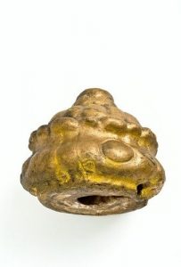 Painted wooden Torah finial in bud shape, bottom view.
