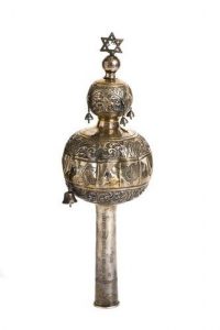 Silver repousse Torah finial in bulbous shape, in memory of Allegra and Isaac Saltiel.