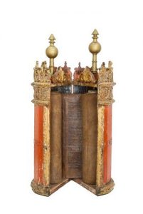 Painted wooded Torah case with Torah scroll.