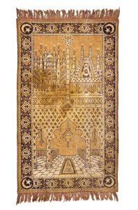 Wool (?), in brown shades, depictions of the exterior and interior of a mosque, floral border, motif of Hamsa above, Star and Crescent as corner motifs.
