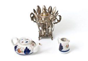Handpainted porcelain teapot and creamer, belonged to Lora Pinhas from Salonika, and silver sweet server.