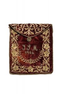 Envelope bag for prayer shawl, wine red velvet, with gold embroidery, inscribed with initials 'J