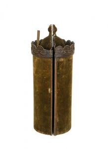 Wooden Torah case, covered with fabric.