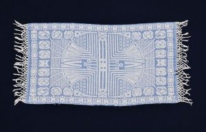 Light blue and white guest towel of Turkish origin, dowry of Fakima Allalouf.