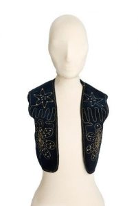 Black velvet waistcoat with gold cord embroidery and sequins.