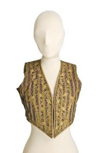 Floral striped waistcoat with V-neck and gold cord embroidery.