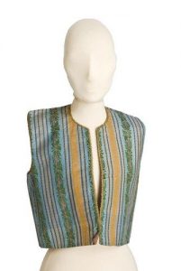 Striped light blue silk brocade waistcoat with round close-fitting neckline.