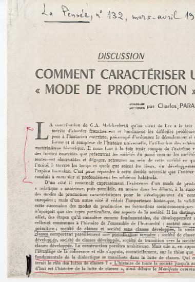 Charles Parain, Comment caractériser un mode de production?, La Pensée, Μάρτιος-Απρίλιος 1967, σσ. 48-52.