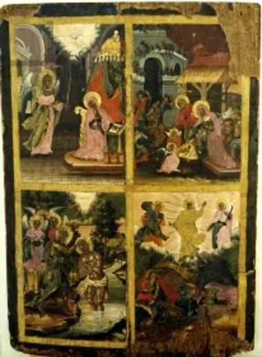 Russian Icon with four scenes from Dodekaorton