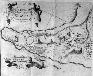 Άποψη της πόλης και της ακρόπολης της Κορώνης με το στρατόπεδο το 1685