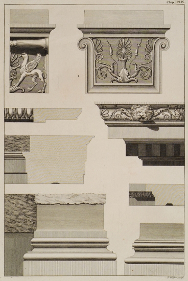 Απεικόνιση βάσης κίονα, κιονοκράνου, έλικα, κυματίου, γείσου, επιστυλίου και άλλων στοιχείων από τον κυρίως ναό και το περιστύλιο του ναού της Αθηνάς Πολιάδος στην Πριήνη (Μικρά Ασία).