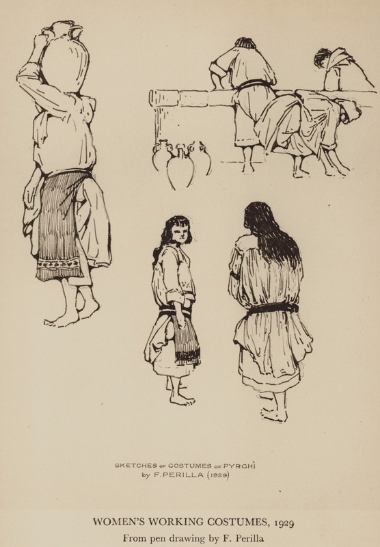 Γυναίκες με ενδυμασίες της δουλειάς από το Πυργί Χίου. Σχέδιο του F. Perilla.