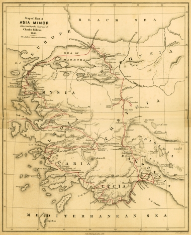 Χάρτης μέρους της Μικράς Ασίας όπου καταγράφεται η διαδρομή του Τσάρλς Φέλοους (Charles Fellows) το 1838.