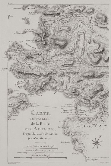 Χάρτης της διαδρομής του συγγραφέα από τον κόλπο της Μάκρης (σημερινό Φετχιγιέ) ως τον Μαίανδρο ποταμό.