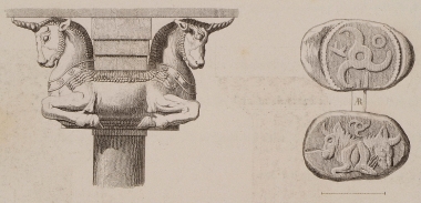 Κιονόκρανο με κεφαλές ταύρων από την Περσέπολη, με βάση σχέδιο του Ρ. Κ. Πόρτερ (R.K. Porter). Νόμισμα με μορφή ταύρου, πιθανώς από την Κιλικία.
