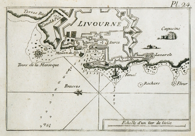 Χάρτης του λιμανιού του Λιβόρνου, και άποψη του κάστρου της πόλης.