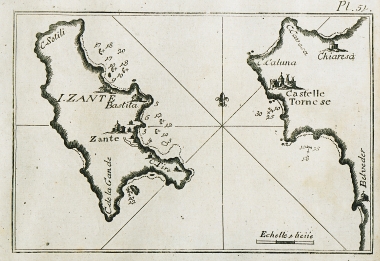 Άποψη της Ζακύνθου και της απέναντι ακτής στην Πελοπόννησο, με χαρτογράφηση των υδάτων του λιμανιού και των ανατολικών ακτών της νήσου.