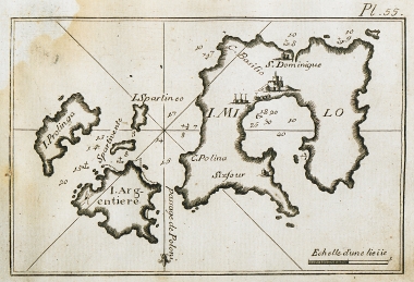 Άποψη της Μήλου με την Πολύαιγο και την Κίμωλο, με χαρτογράφηση του λιμανιού της Μήλου και των υδάτων της.