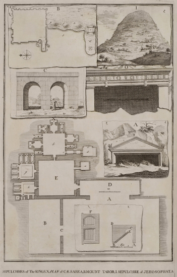 Χάρτης της Παραλίου Καισαρείας. (B) To Όρος Θαβώρ. (Ι) Ταφικά μνημεία λαξευμένα στον βράχο, γνωστά ως «Τάφοι των Βασιλέων», στην Ιερουσαλήμ. Ο αποκαλούμενος τάφος του Ιωσαφάτ στην κοιλάδα των Κέδρων στην Ιερουσαλήμ.