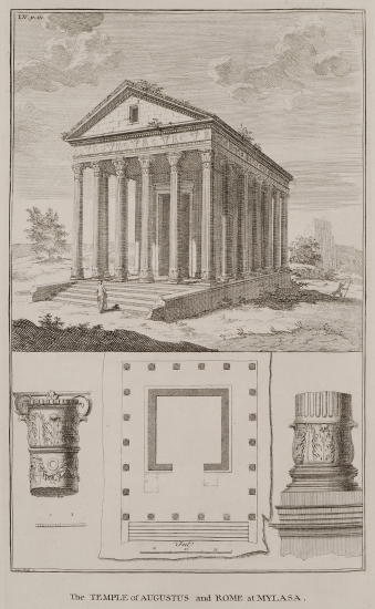 Άποψη και κάτοψη του ναού του Αυγούστου στα Μύλασα. Κρηπίδα, στυλοβάτης, βάση και κιονόκρανο κίονα του ναού.