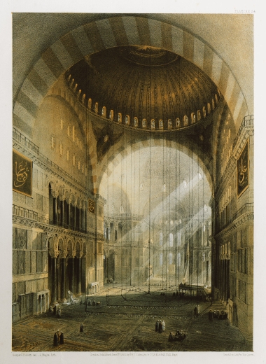 Άποψη του κεντρικού κλίτους της Αγίας Σοφίας στην Κωνσταντινούπολη και ύστερα από την αναστήλωση του μνημείου από του αδελφούς Φοσάτι στα 1847.