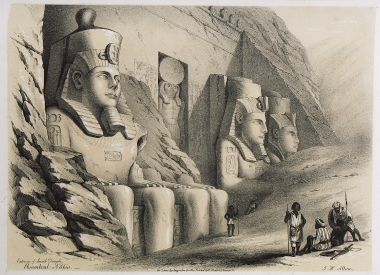 Άποψη της πρόσοψης του Ναού του Ραμσή Β΄, γνωστού και ως μεγάλου ναού, στο Αμπου Σιμπέλ στην Αίγυπτο. Ο ναός αυτός ήταν αφιερωμένος στους θεούς Αμνούν, Ρε Χοράχτη και Πταχ.