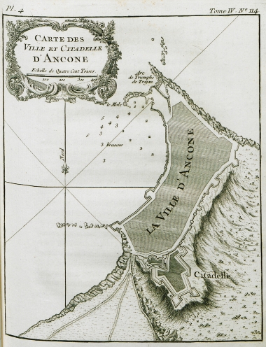 Χάρτης του λιμανιού, της πόλης και του φρουρίου της Ανκόνας στην Ιταλία.