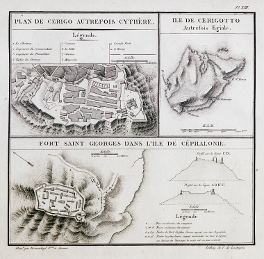 Κάτοψη του Ενετικού κάστρου των Κυθήρων. Χάρτης των Αντικυθήρων. Κάτοψη του φρουρίου του Αγίου Γεωργίου στην Κεφαλονιά.