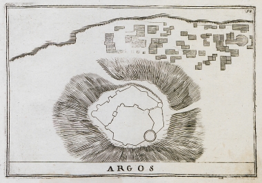 Χάρτης του οικισμού του Άργους με το κάστρο της Λάρισας.