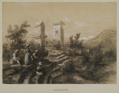 Άποψη του Τάφου των Αρπυιών από το αρχαίο θέατρο της Ξάνθου στη Μικρά Ασία.