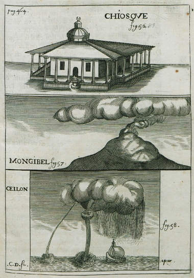 Eik. 49. Οθωμανικό κιόσκι στις ακτές του Κερατίου κόλπου. Εικ. 57. Άποψη της Αίτνας στη Σικελία. Εικ. 58. Πίδακας νερού, εντυπωσιακό μετεωρολογικό φαινόμενο, του οποίου ο συγγραφέας υπήρξε μάρτυρας στα ανοιχτά της Σαρδηνίας.