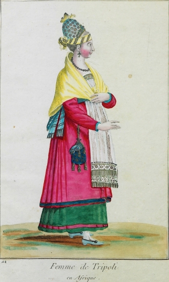 Γυναίκα από την Τρίπολη της Λιβύης. Ο πίνακας αντιγράφει αντίστοιχο από το έργο του N. de Nicolay (1563), ταυτίζεται όμως λανθασμένα η μορφή ως 