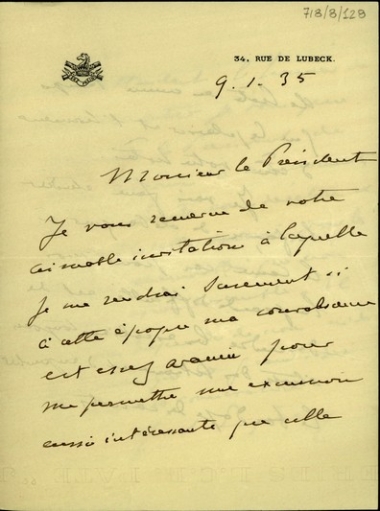 Επιστολή του Franchet d'Esperey προς τον Ελευθέριο Βενιζέλο σχετικά με πρόσκληση που έχει λάβει από το Βενιζέλο να επισκεφτεί την Κρήτη.