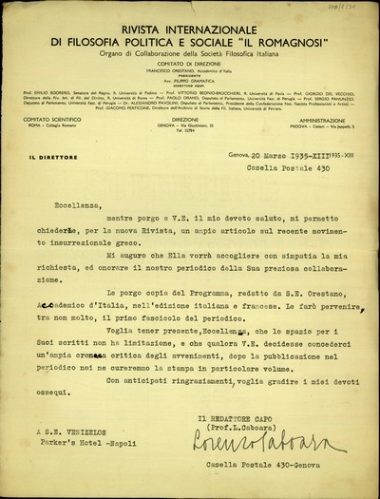 Επιστολή του καθηγητή L. Caboara προς τον Ελ. Βενιζέλο