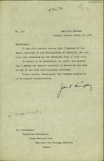 Επιστολή του, Αμερικανού πρεσβευτή στην Ελλάδα, J.E. Peurifoy, προς τον Σ. Βενιζέλο με την οποία εκφράζει τη λύπη του για το θάνατο του Μητροπολίτη Θεσσαλονίκης, Γενναδίου.