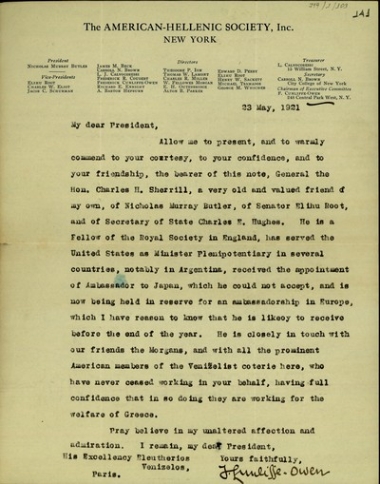 Επιστολή του F. Cunliffe-Owen προς τον Ελευθέριο Βενιζέλο σχετικά με τον Charles Sherill και την αφοσίωσή του στο πρόσωπο του Βενιζέλου.