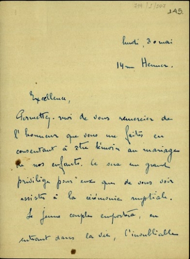 Επιστολή του [D.] M. Nordau προς τον Ελευθέριο Βενιζέλο σχετικά με το γάμο της κόρης του και την πρότασή του να γίνει ο Βενιζέλος μάρτυρας.
