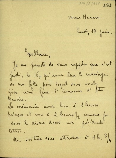 Επιστολή του [D.] M. Nordau προς τον Ελευθέριο Βενιζέλο σχετικά με το γάμο της κόρης του.