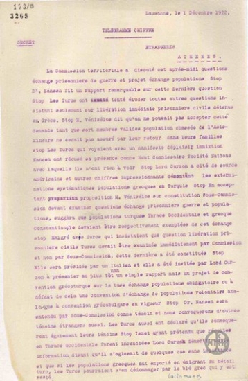 Τηλεγράφημα του Δ.Κακλαμάνου σχετικά με τις συζητήσεις στη Λωζάννη για την ανταλλαγή των πληθυσμών.