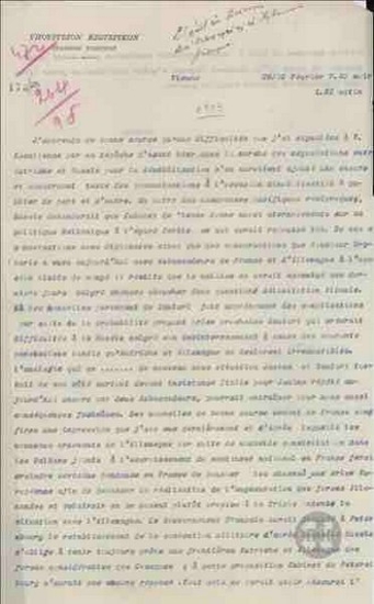 Telegram from G. Streit to the Ministry of Foreign Affairs regarding the developments in the Balkans.